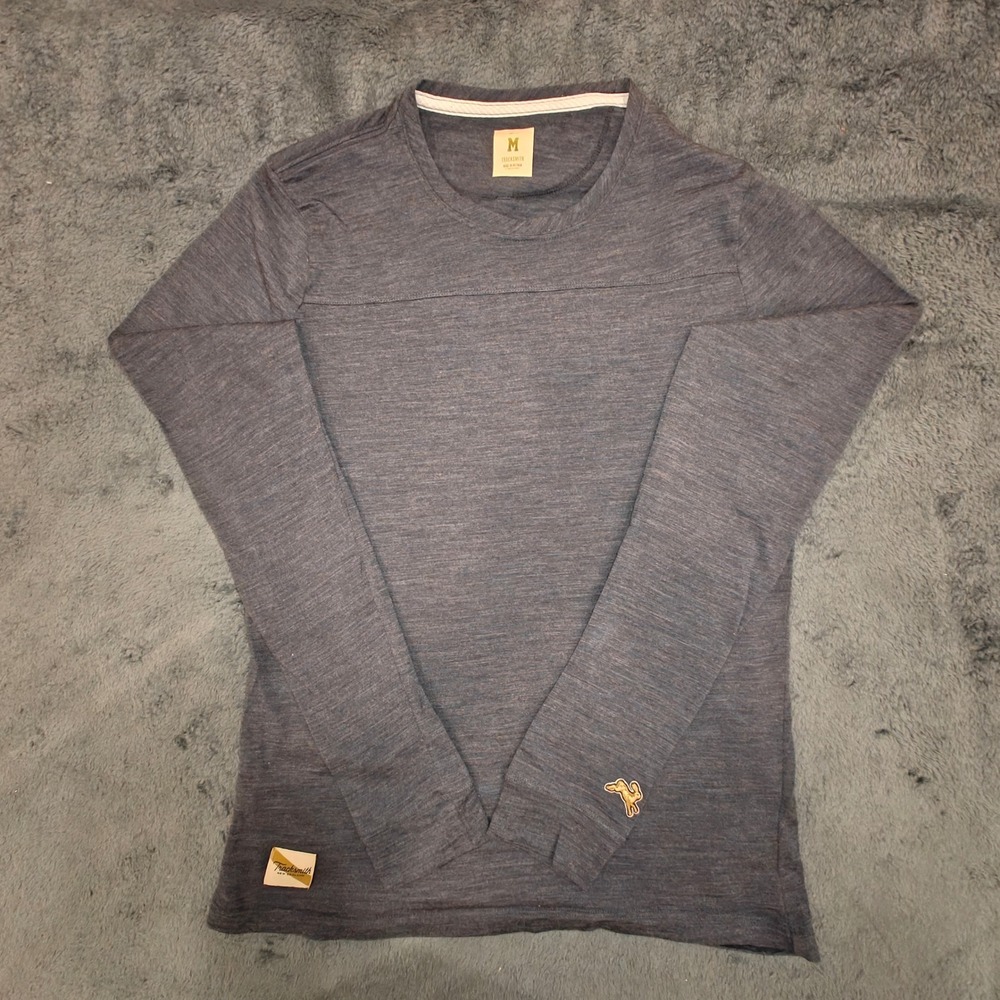 Tracksmith Mens Harrier Long Sleeve Running Shirt Navy Blue Heather Hare Logo M